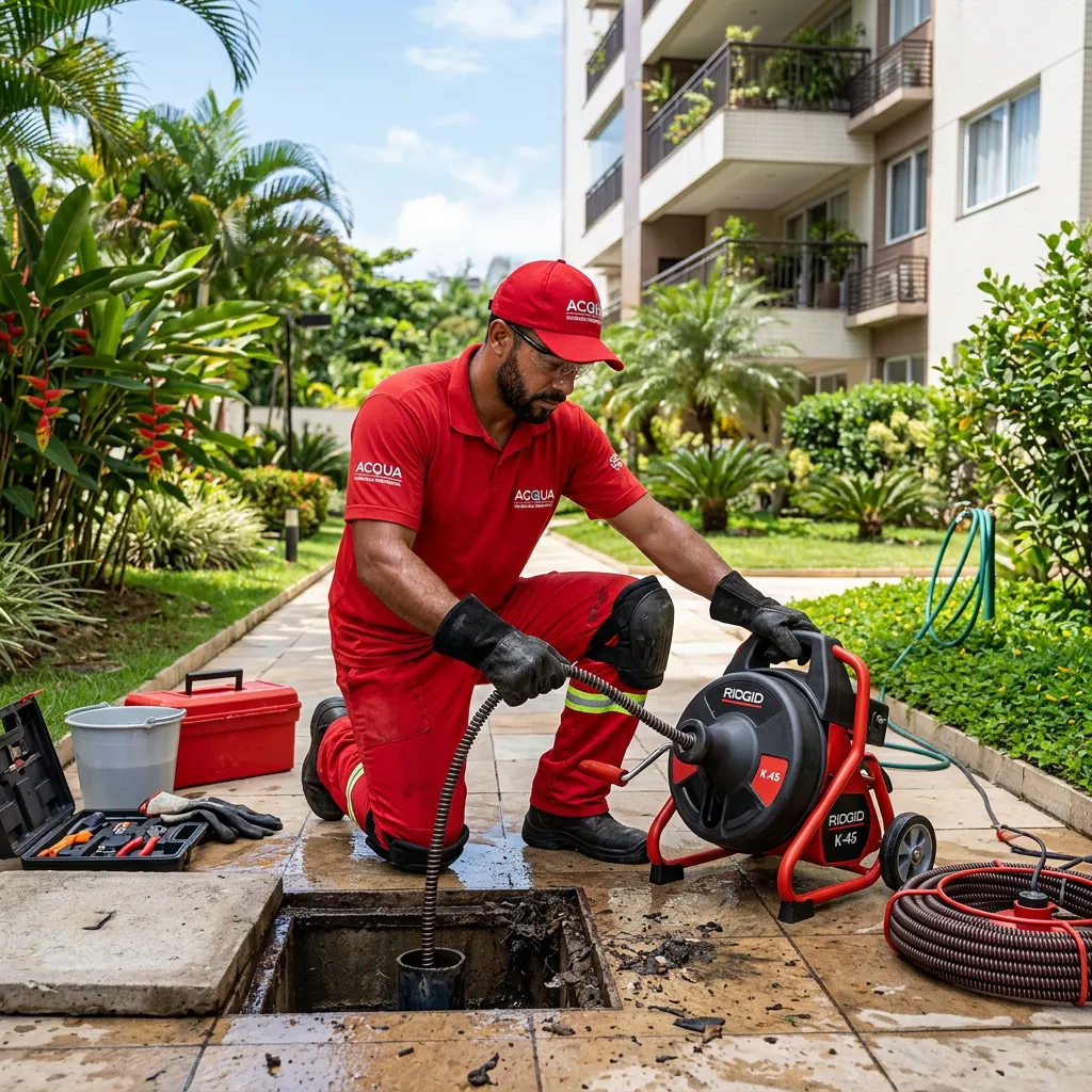 Técnico da Desentupidora Jundiaí atendendo condomínio residencial em bairro de Jundiaí